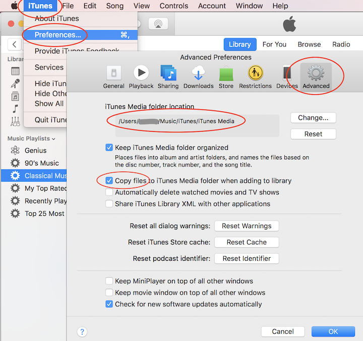 iTunes Media Folder Settings on Mac