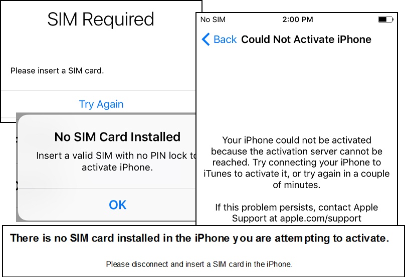 Different No-SIM-Card Errors on iPhone