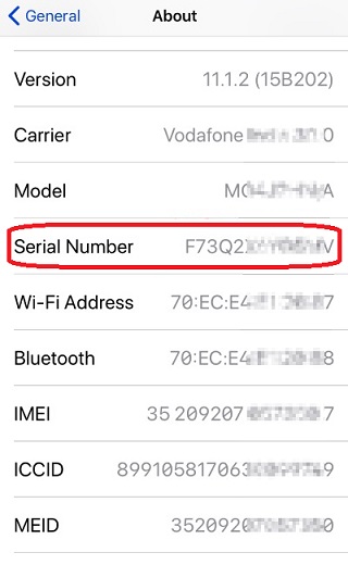 Serial Number on iPhone