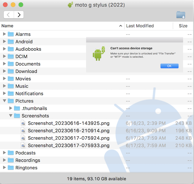 'Android File Transfer' Window on Phone