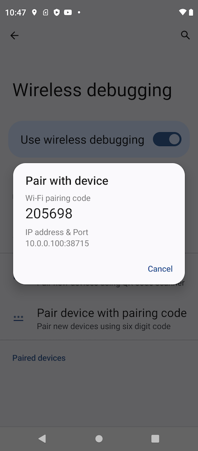 Pairing Code for Wireless Debugging Connection